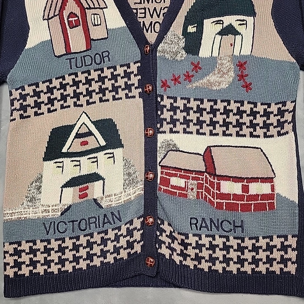 Christopher & Banks Sweater Womens L Blue Cardigan Home Sweet Home House Novelty - Picture 2 of 8